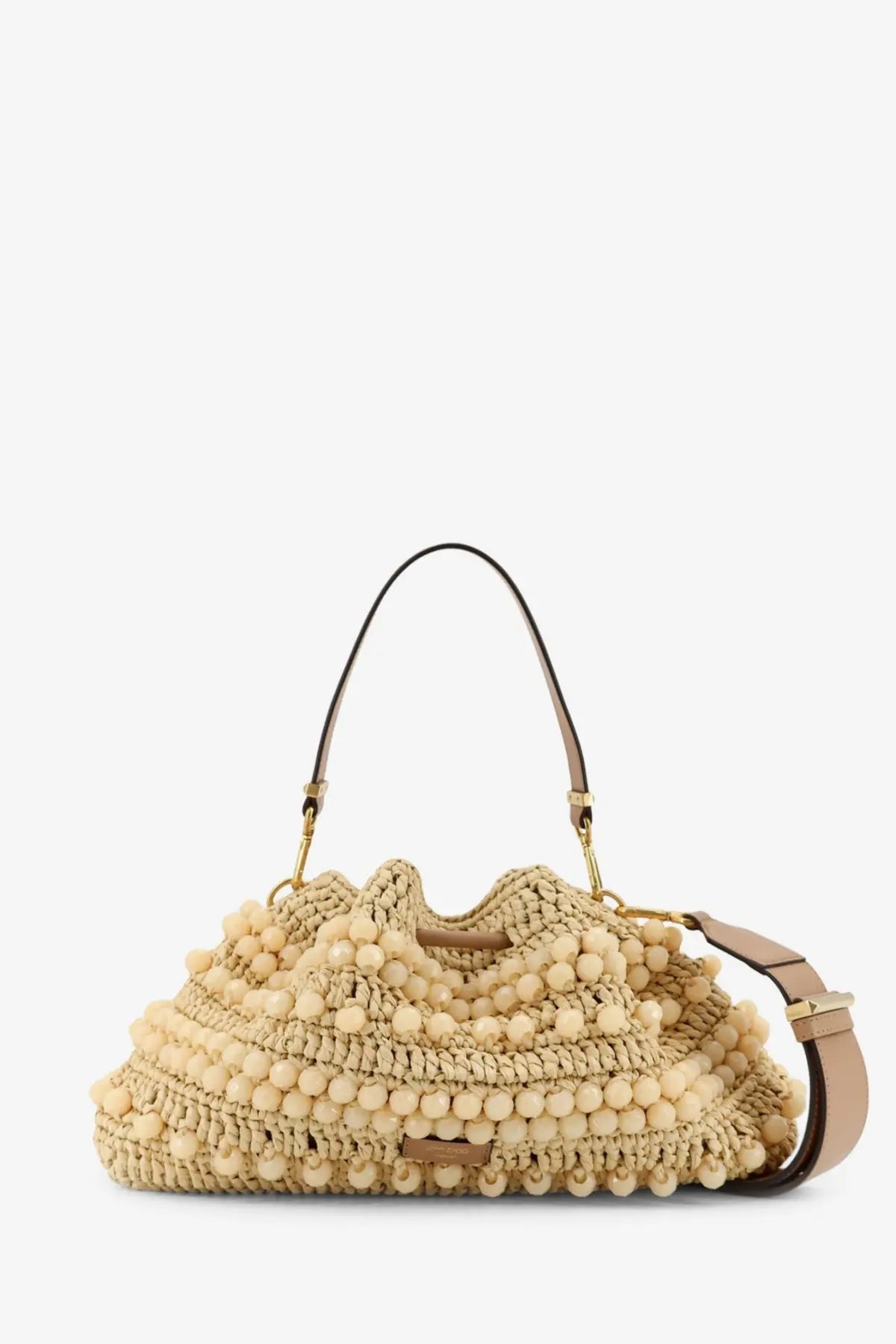 Jimmy Choo women’s bon bon rafia bag beige woven straw with pom-pom embellishments and tan leather strap