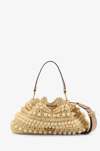 Jimmy Choo women’s bon bon rafia bag beige woven straw with pom-pom embellishments and tan leather strap