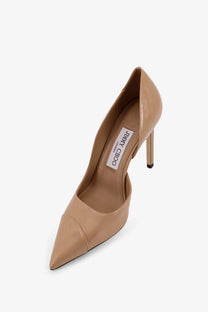 Beige patent leather jimmy choo women’s brigitte pump with sleek pointed toe and slender high heel