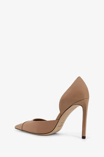 Beige leather peep-toe pump with a slender high heel from Jimmy Choo women’s Brigitte patent leather pumps collection