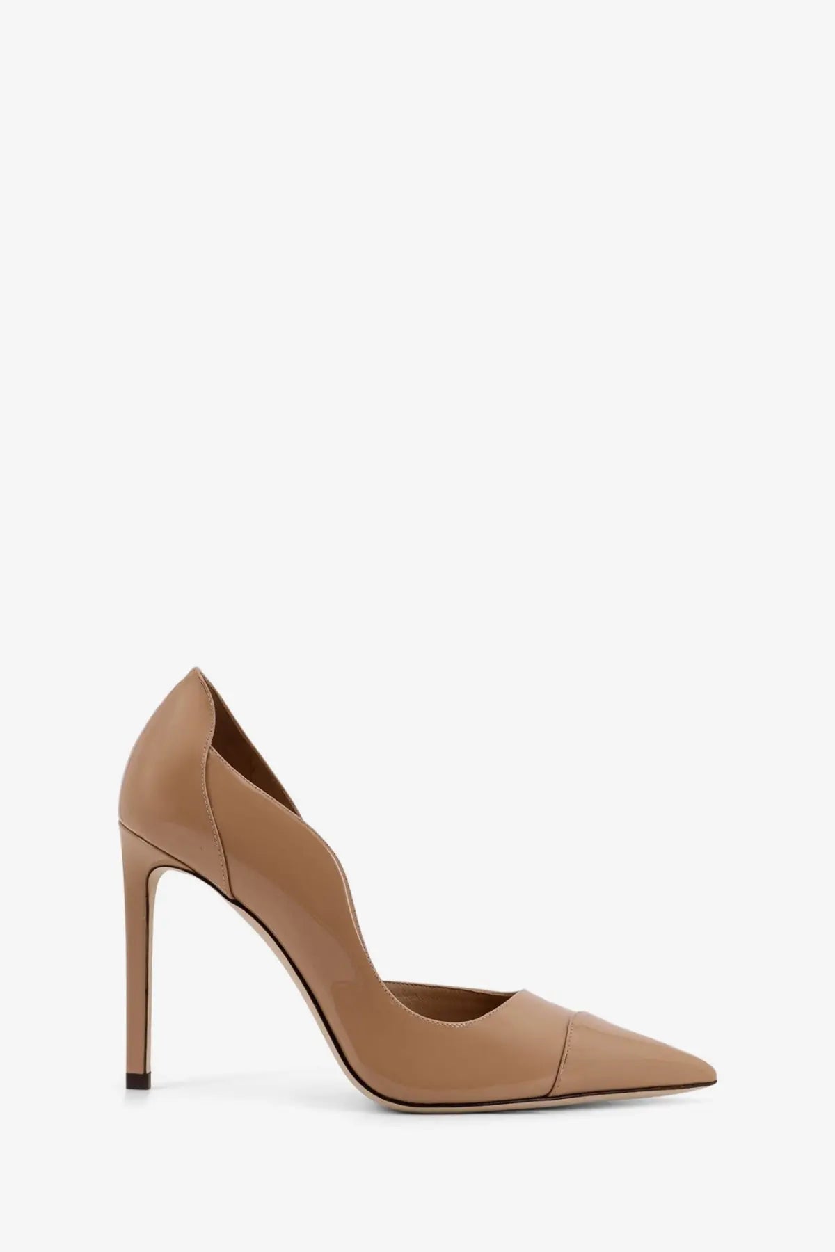 Jimmy Choo women’s Brigitte beige patent leather peep-toe pump with slender high heel