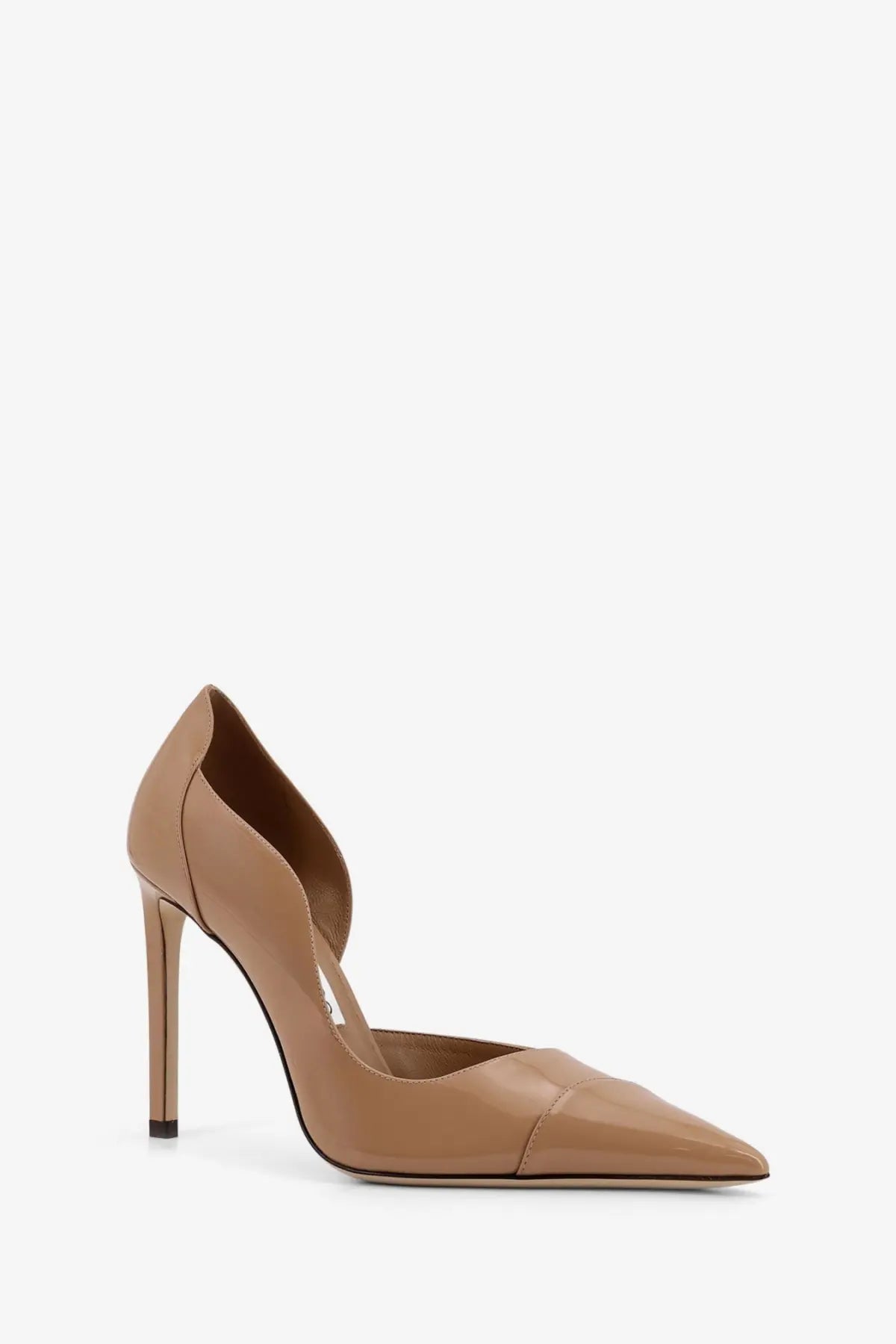 Jimmy Choo women’s Brigitte tan patent leather pointed-toe pump with slender high heel and open back design shown from back