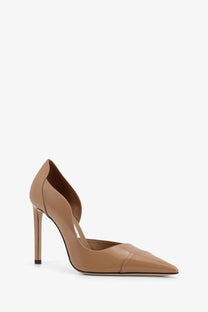 Jimmy Choo women’s Brigitte tan patent leather pointed-toe pump with slender high heel and open back design shown from back