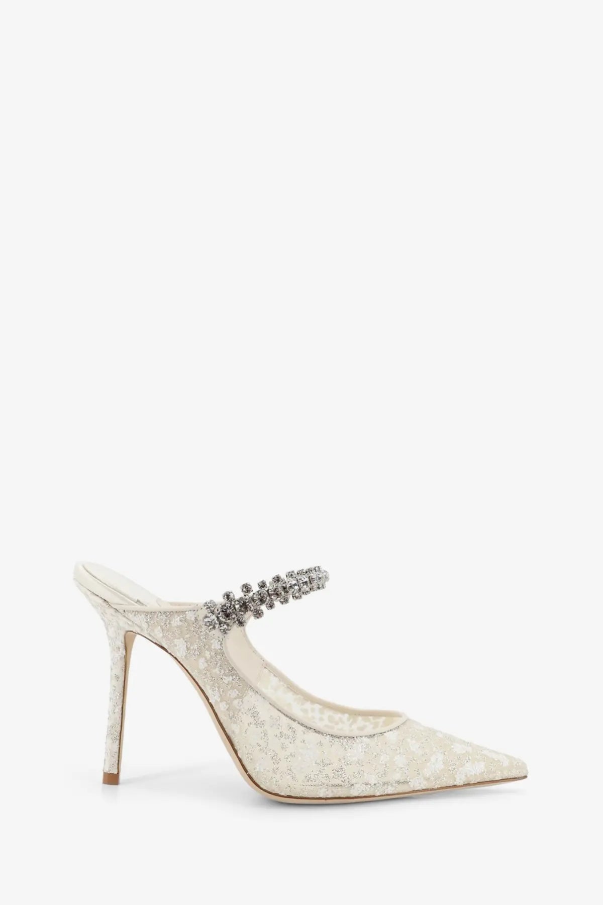 Cream-colored lace mule heel with a sparkling crystal strap from Jimmy Choo embroidered tulle Écolleté white collection