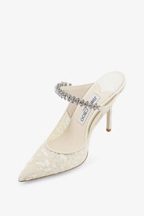 Cream-colored satin slip-on mule with crystal-embellished strap and slender high heel from Jimmy Choo women’s embroidered tulle écottie white