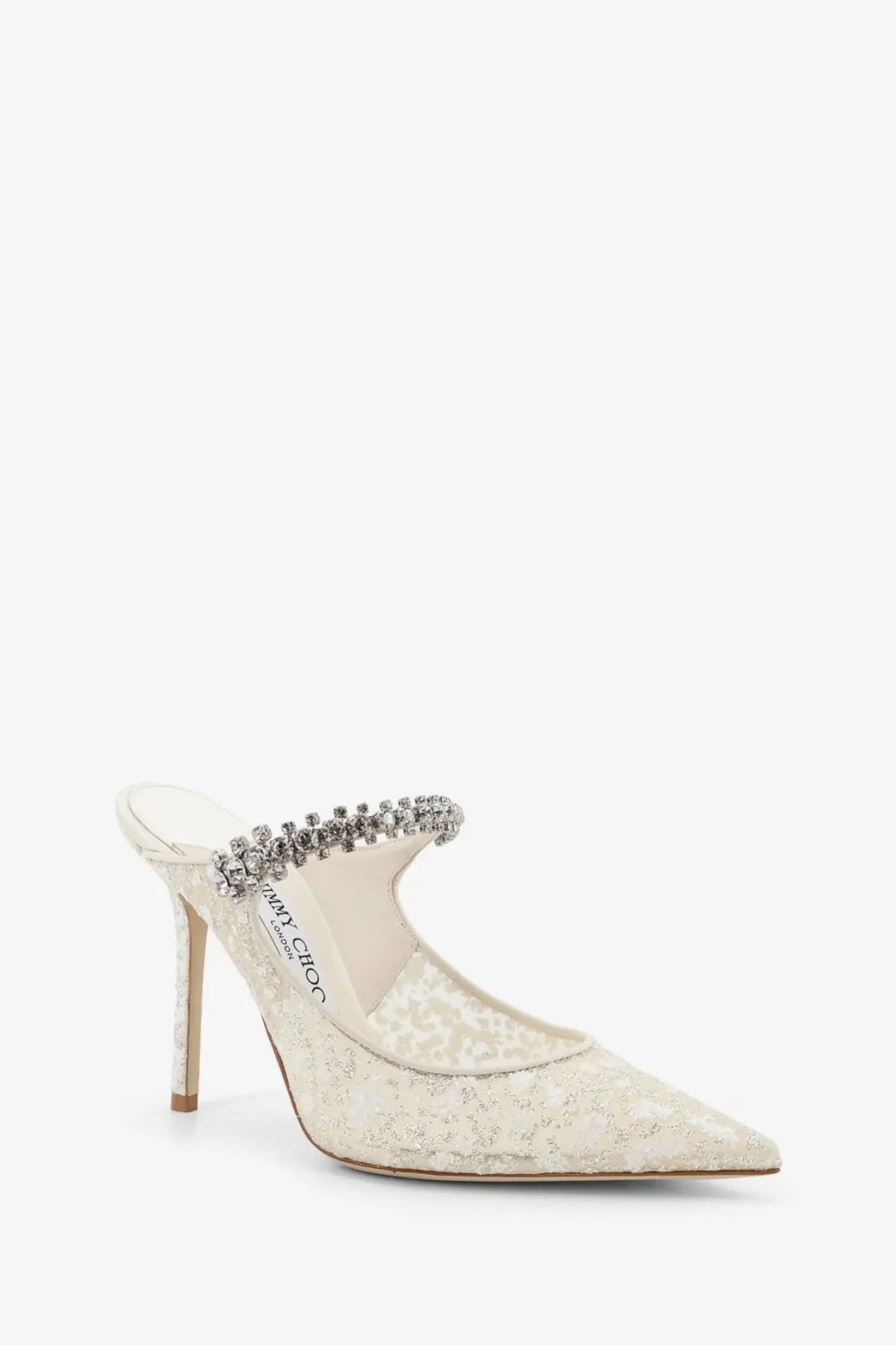 Jimmy Choo women’s cream-colored lace mule heel with sparkling crystal strap and slender stiletto heel in white tulle