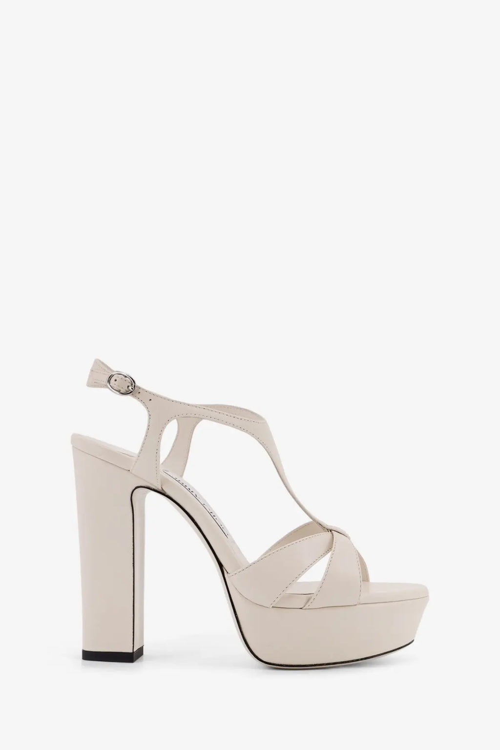 Cream-colored jimmy choo women’s kesia leather platform sandal with chunky heel and crisscross straps