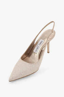 Jimmy Choo women’s Love Écolleté gold shimmering champagne glitter pump with slingback strap and high stiletto heel
