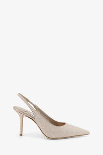 Jimmy Choo women’s love écolletté gold shimmering champagne glitter slingback pump with slender heel and pointed toe