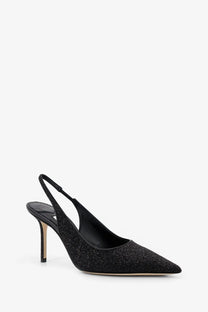 Jimmy Choo women’s black glittery slingback pump with a slender heel perfect for elegant occasions