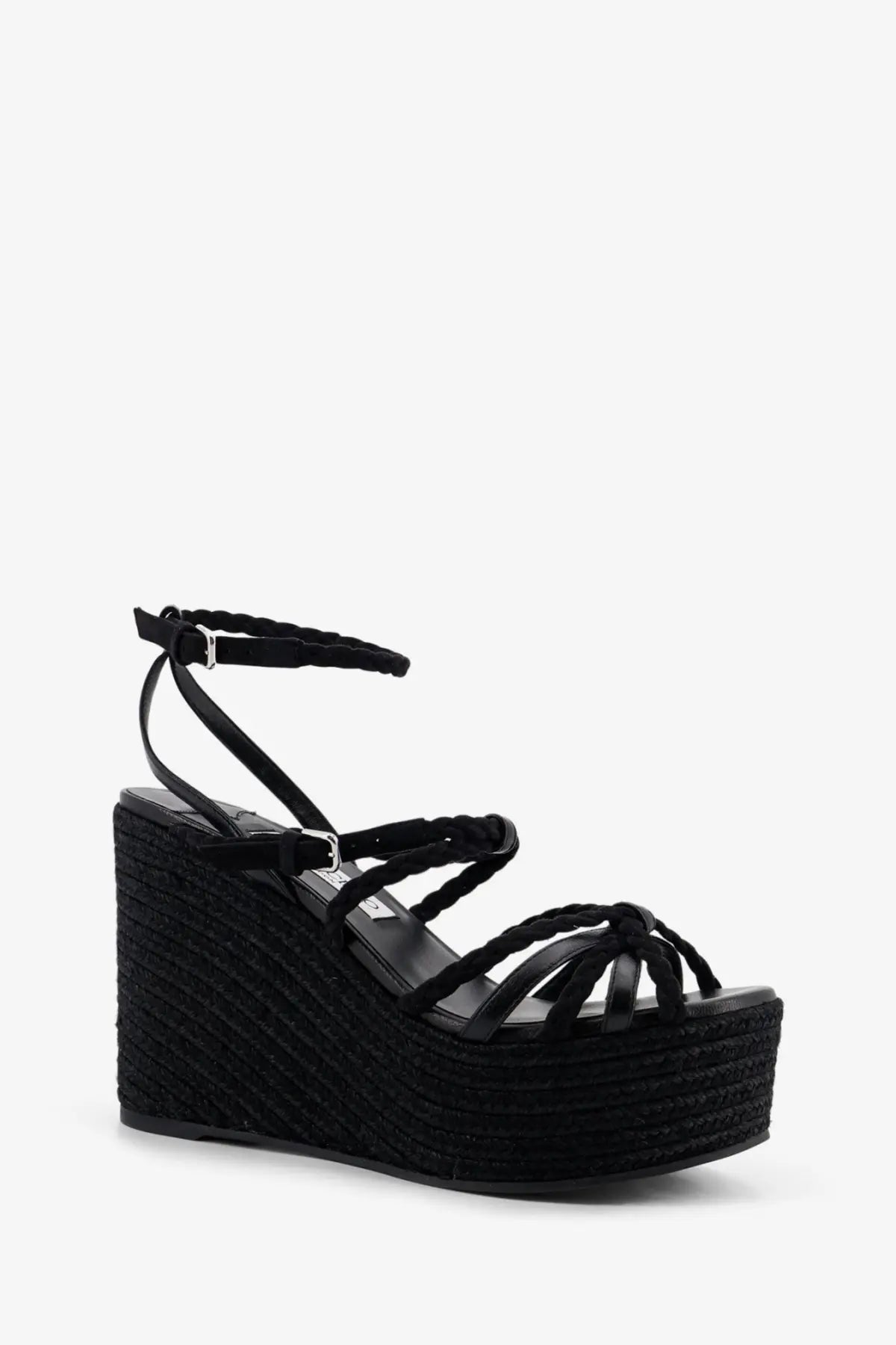 Jimmy Choo women’s nyra black leather and raffia wedge sandals with braided straps and woven espadrille platform