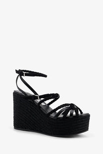 Jimmy Choo women’s nyra black leather and raffia wedge sandals with braided straps and woven espadrille platform