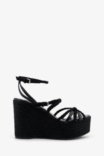Jimmy Choo women’s nyra black leather and raffia espadrille wedge sandals with braided straps and textured platform sole