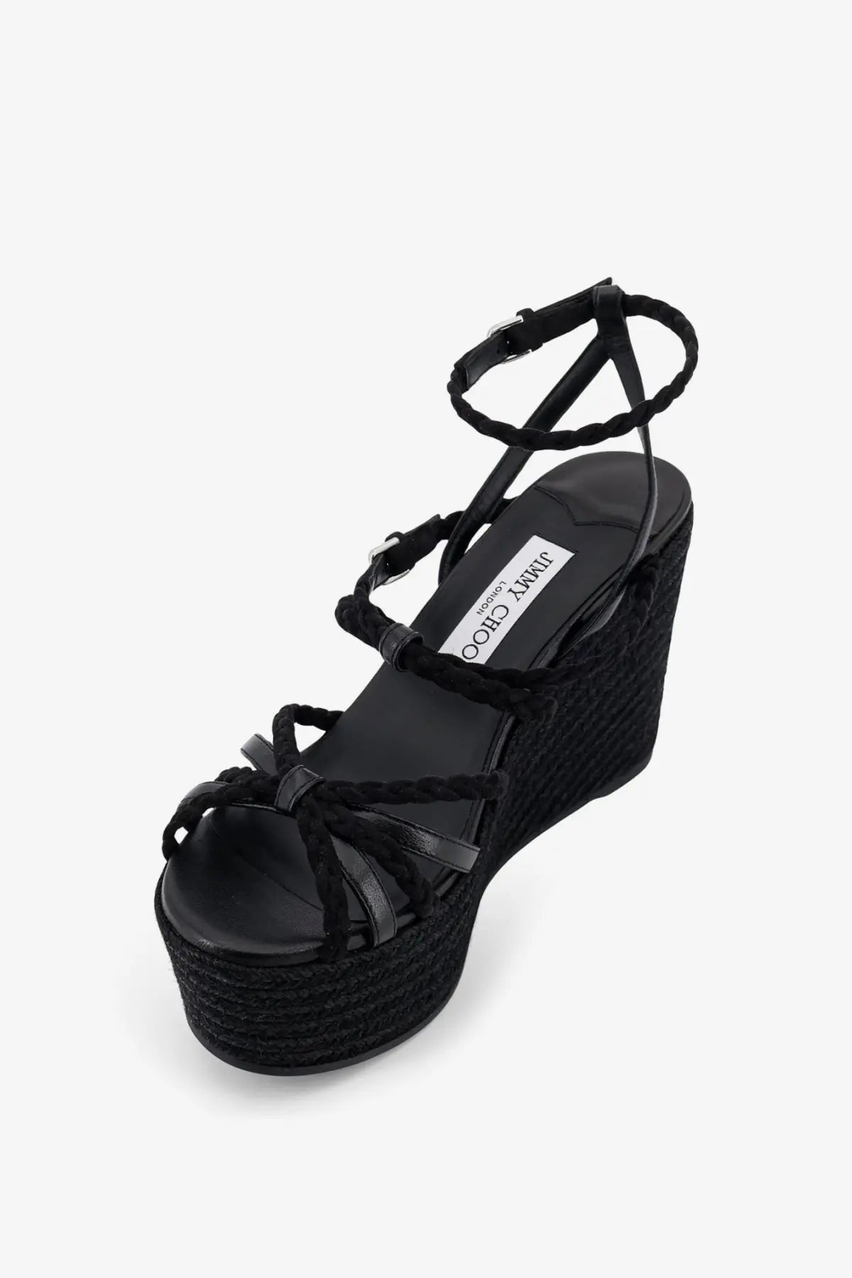Jimmy Choo women’s nyra black wedge sandal with braided leather straps and woven raffia espadrille sole