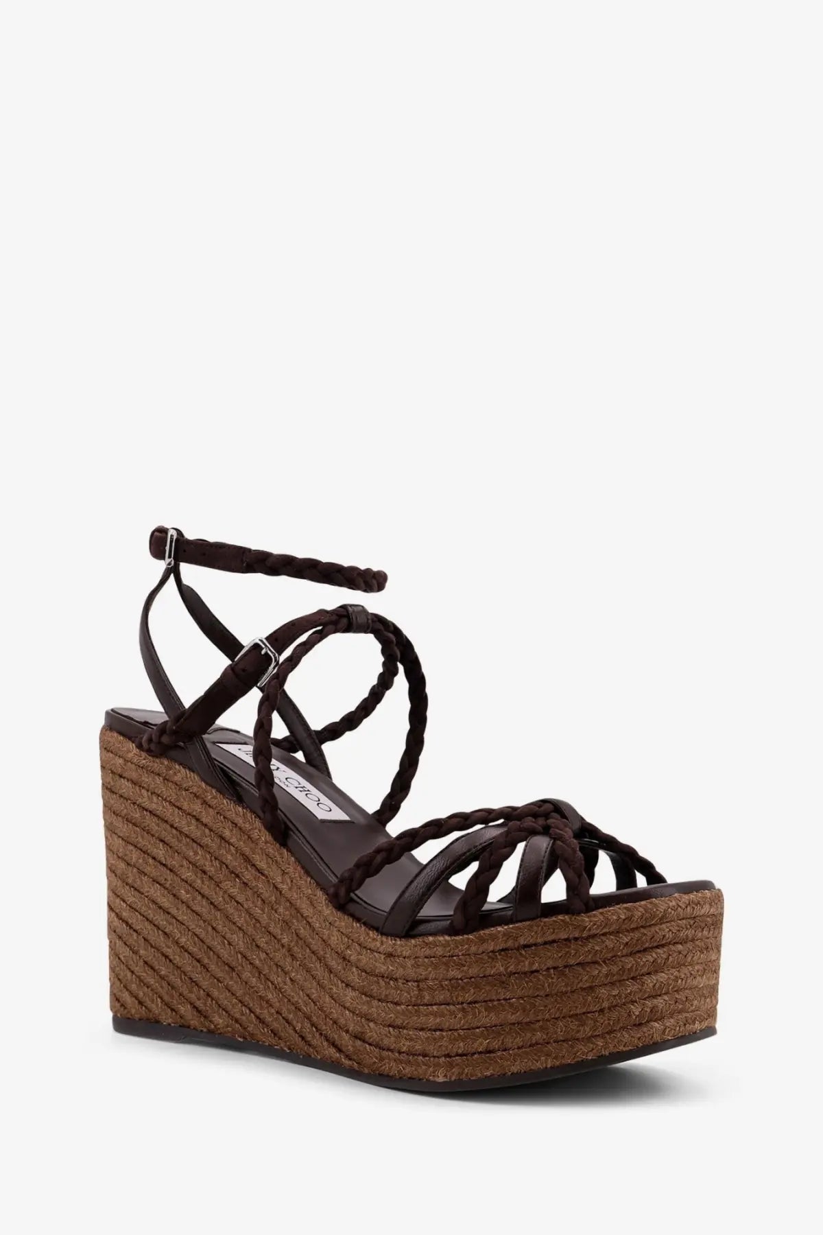Dark brown braided leather wedge sandal with woven espadrille sole by jimmy choo women’s nyra sandals brown