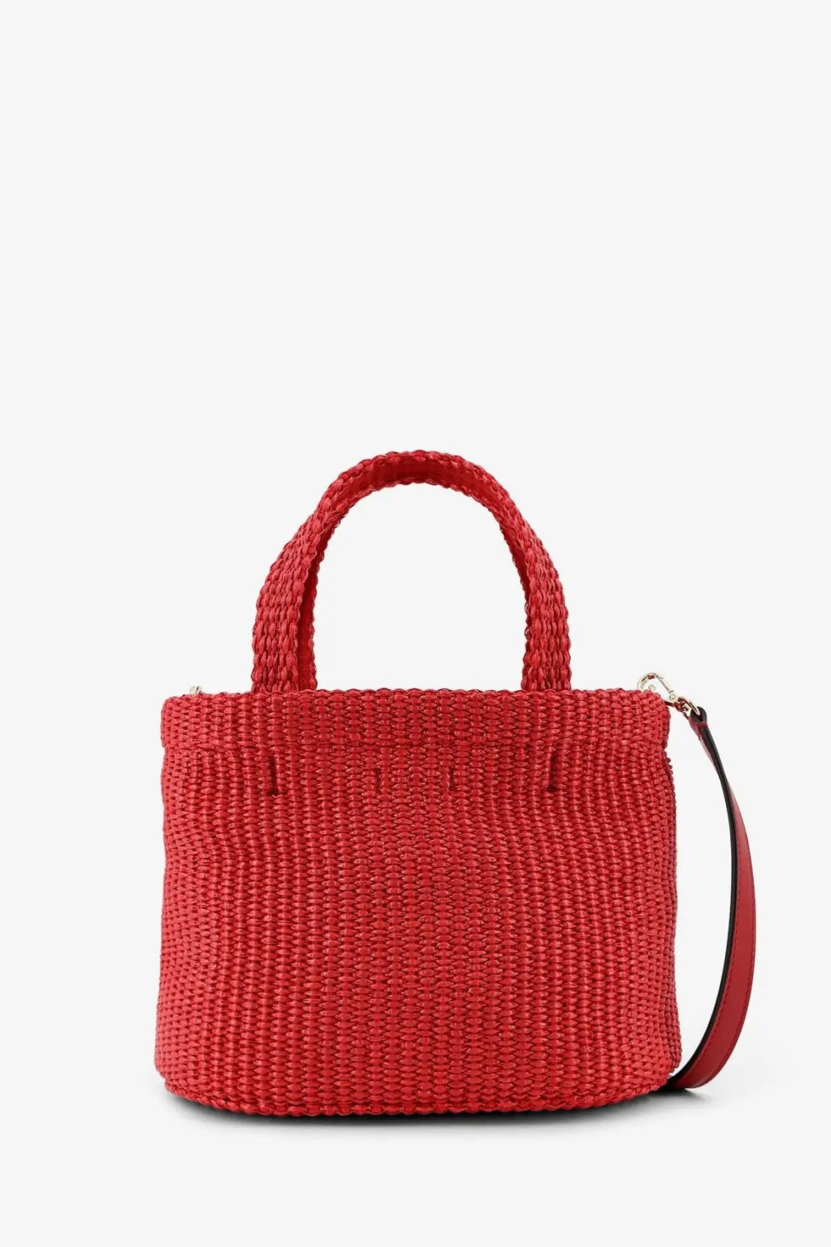 Jimmy Choo women’s red raffia crossbody bag with vibrant woven straw, braided handles, and leather shoulder strap