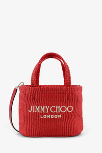Red woven straw tote bag with jimmy choo london cream embroidery for women’s raffia crossbody use