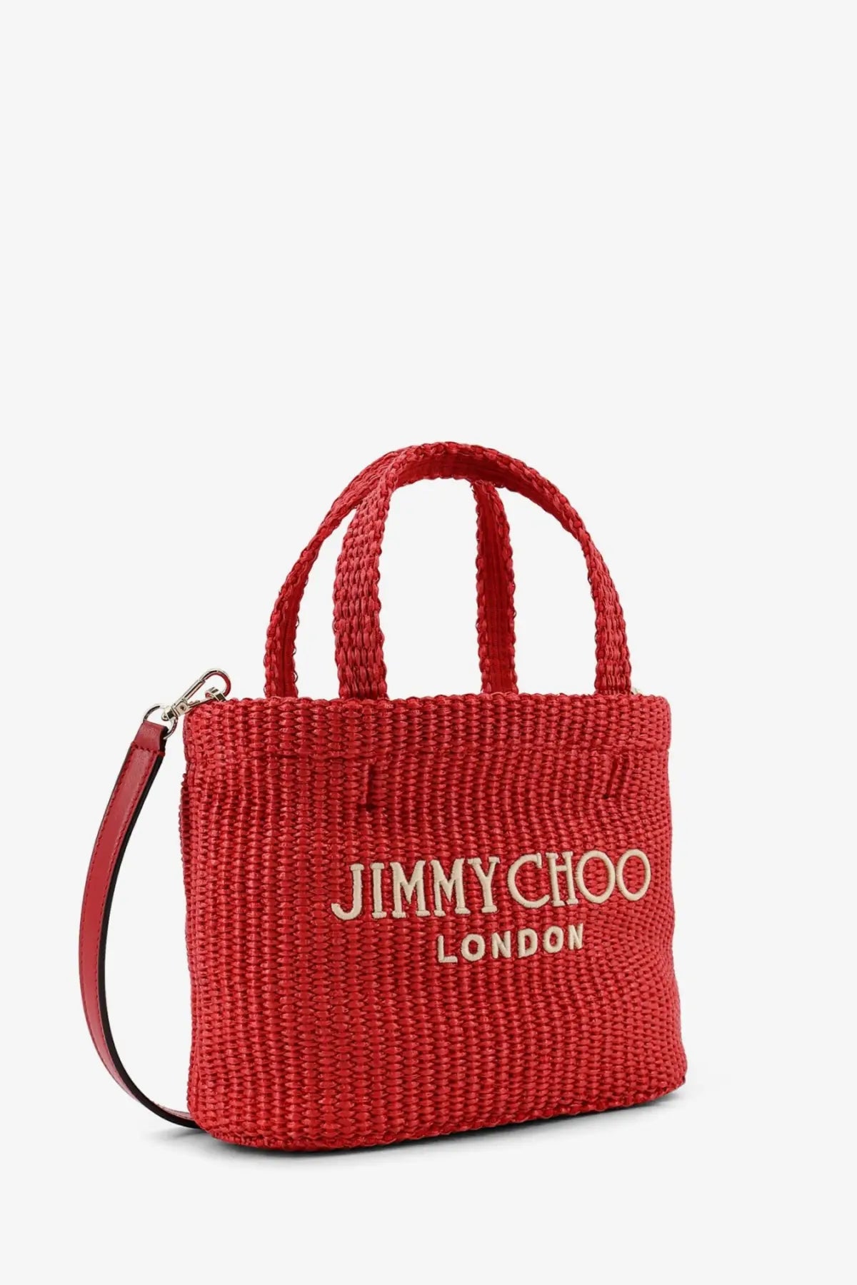 Jimmy Choo women’s raffia crossbody bag in red with woven straw texture gold logo and matching leather shoulder strap