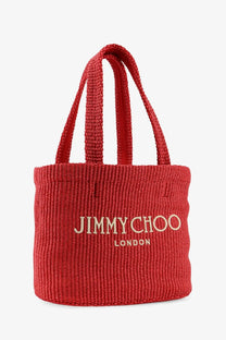 Red woven raffia tote bag with jimmy choo london embroidered in gold lettering for women shopping use