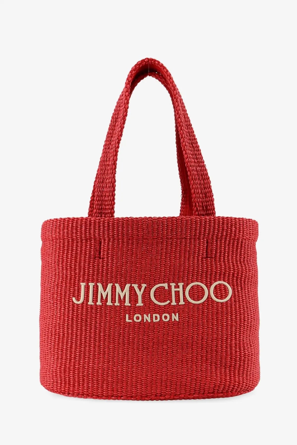 Red woven raffia tote bag with cream jimmy choo london logo embroidery for women’s shopping use