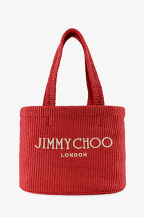 Red woven raffia tote bag with cream jimmy choo london logo embroidery for women’s shopping use