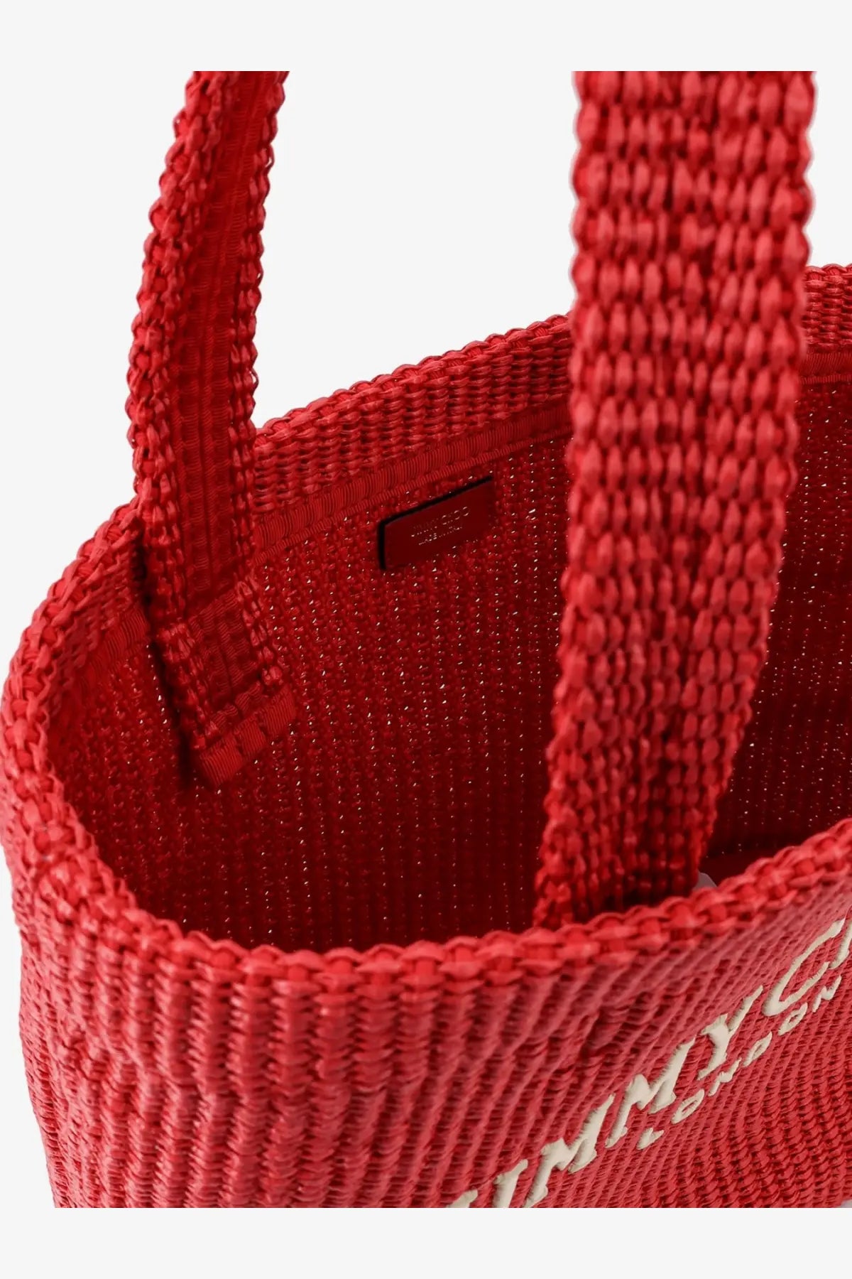 Jimmy Choo women’s red raffia shopping bag with braided handles and subtle shimmer woven tote design