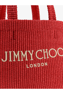 Jimmy Choo women’s red woven raffia tote bag with cream embroidered jimmy choo london logo for shopping use