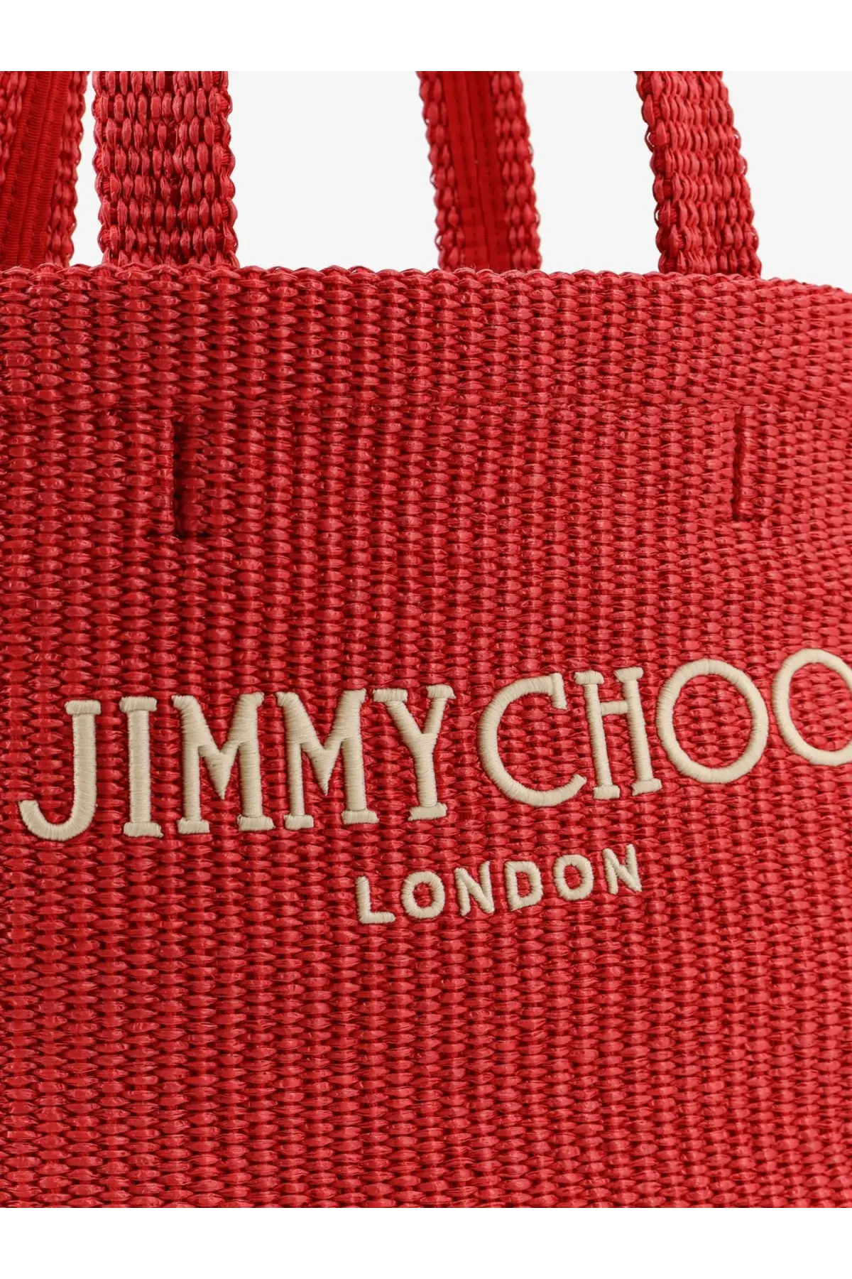 Red woven raffia tote bag with cream embroidered jimmy choo london logo designed for women shoppers