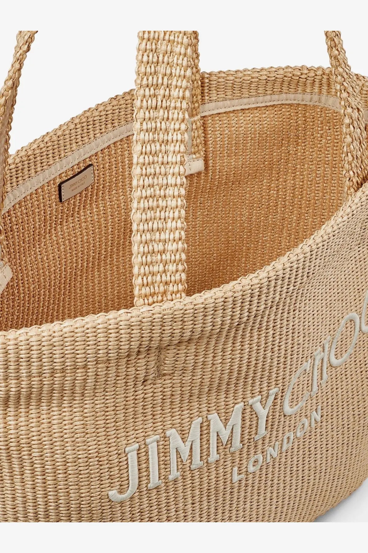 Jimmy Choo women’s beige woven straw raffia shopping bag with contrasting light beige logo lettering