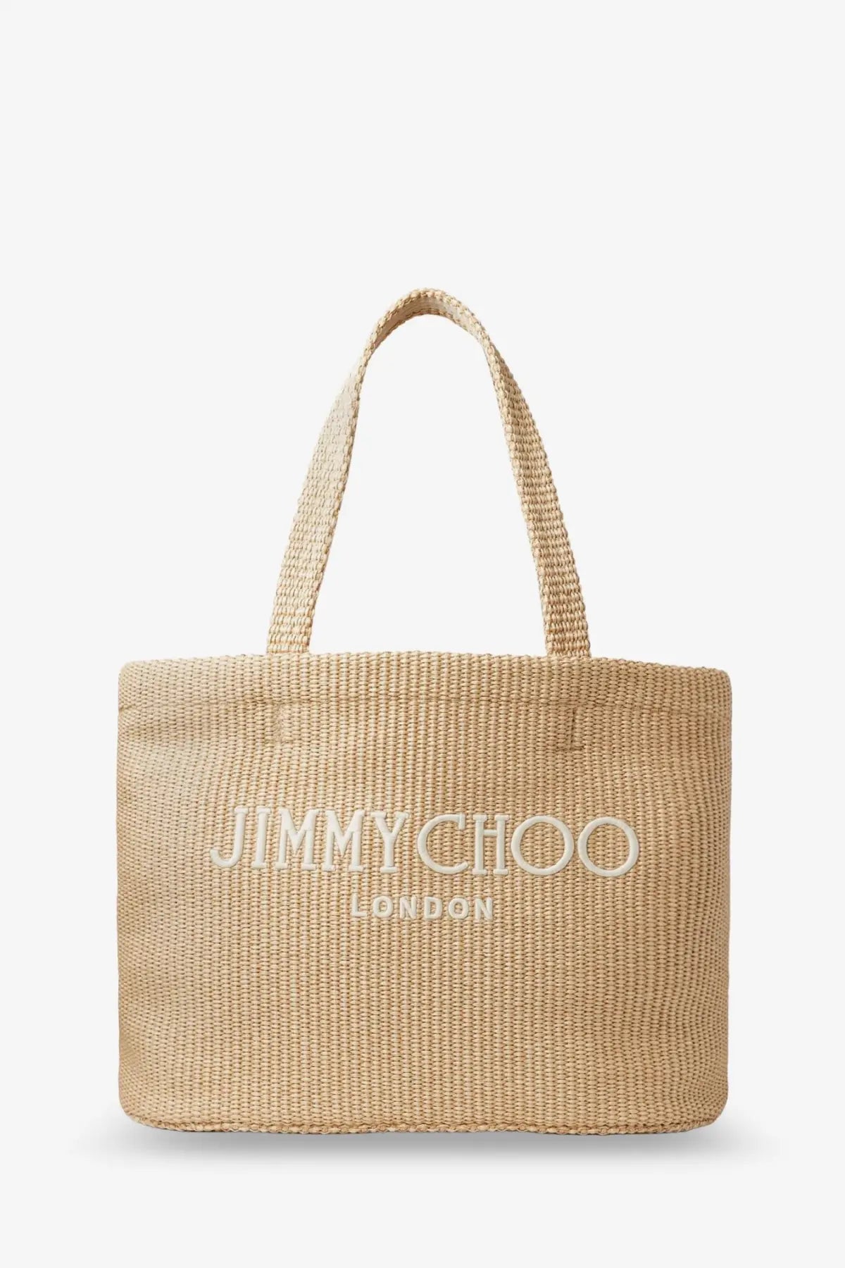 Beige woven straw tote bag with embroidered jimmy choo london logo in white raffia for women shoppers