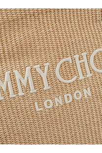 Jimmy Choo women’s beige woven raffia shopping bag with cream embroidered Tommy Chance London logo