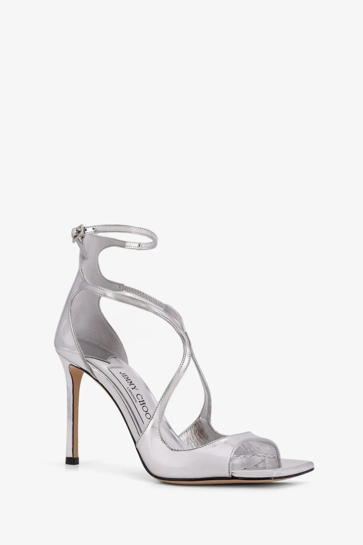 Jimmy Choo women’s silver leather Azia sandal with shiny metallic strappy high heel and open-toe ankle strap design