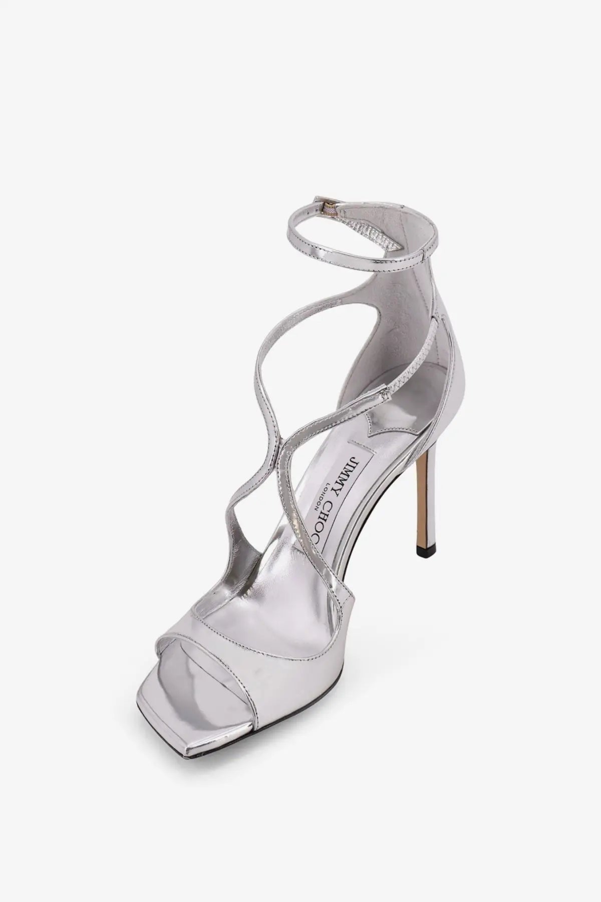 Jimmy Choo women’s silver metallic leather strappy high-heeled sandal with sleek modern design and ankle strap