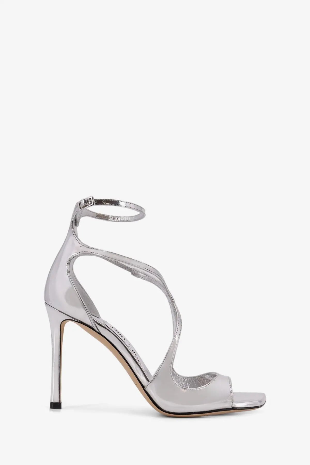 Jimmy Choo women’s silver patent leather strappy high heel sandal with sleek minimalist design and ankle strap