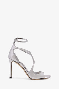 Jimmy Choo women’s silver patent leather strappy high heel sandal with sleek minimalist design and ankle strap
