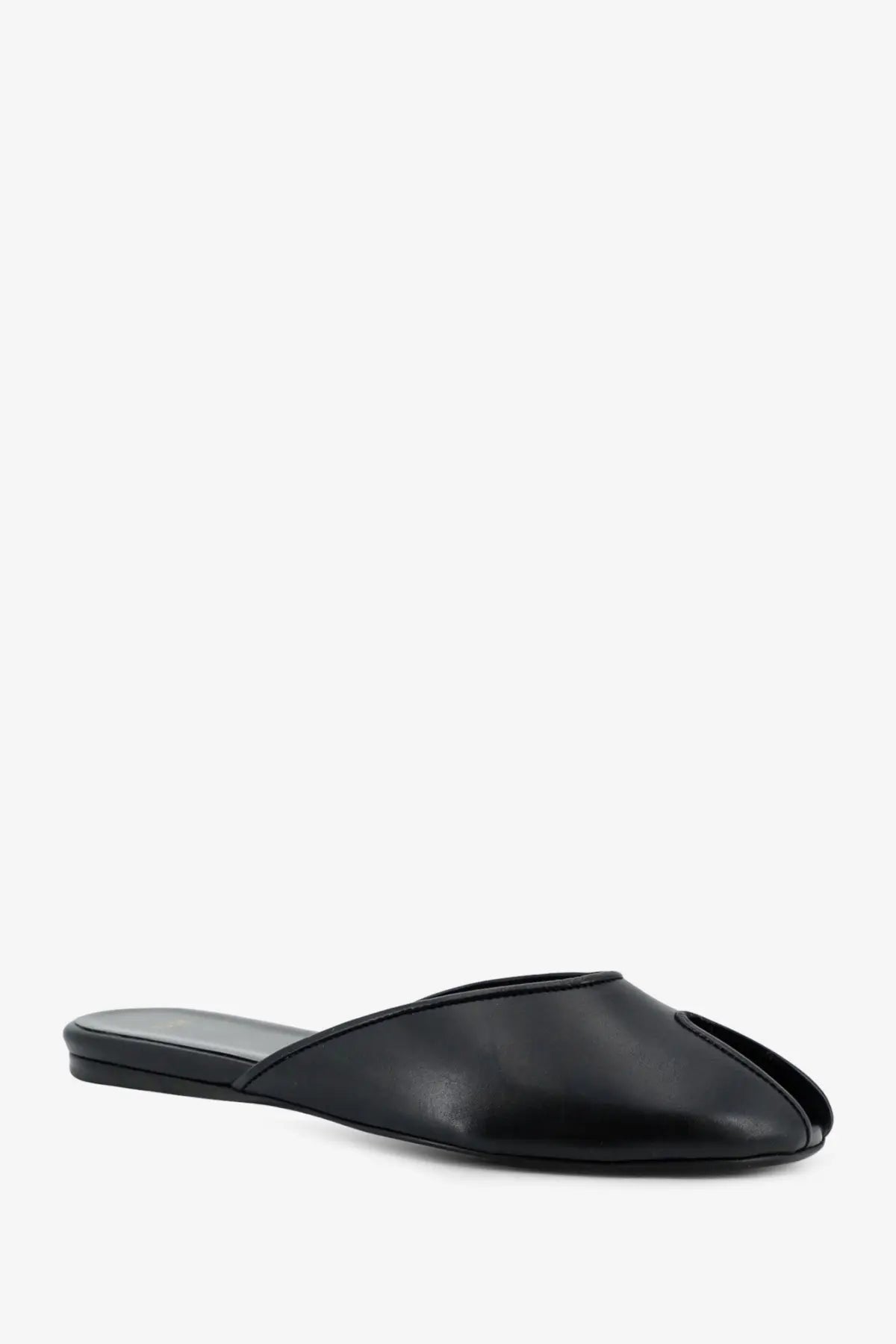 Jude women’s date flat leather sandals black featuring a sleek minimalist black leather mule slip-on with pointed toe