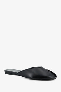 Jude women’s date flat leather sandals black featuring a sleek minimalist black leather mule slip-on with pointed toe