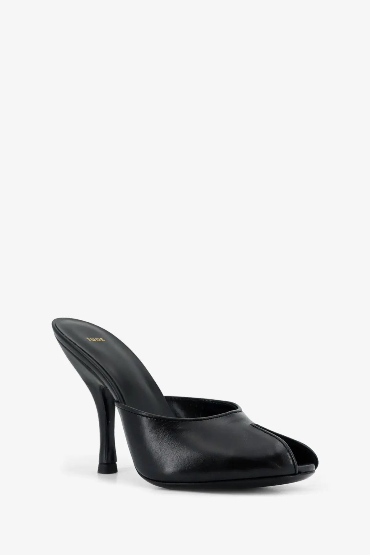 Black leather jude women’s date mule sandals with sleek minimalist design and peep-toe silhouette