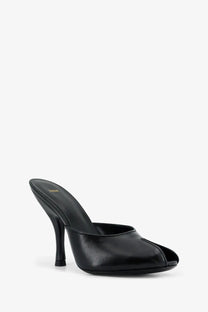 Black leather jude women’s date mule sandals with sleek minimalist design and peep-toe silhouette