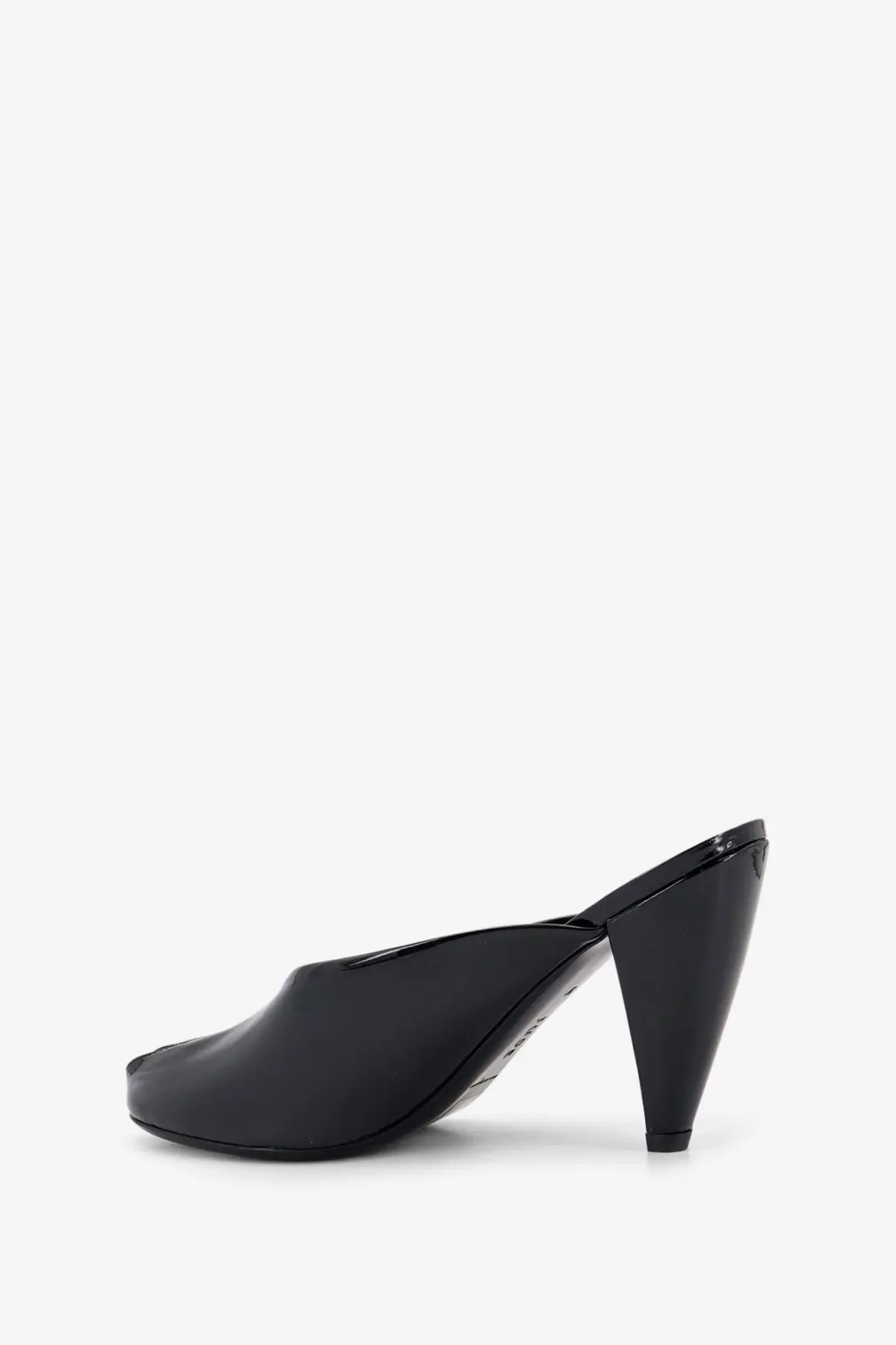 Black patent leather jude women’s paw mule sandals with sleek glossy finish and tapered stiletto heel back view