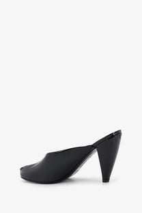 Black patent leather jude women’s paw mule sandals with sleek glossy finish and tapered stiletto heel back view