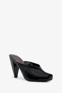 Jude women’s paw mule patent leather sandals in black with sleek glossy finish and pointed toe design