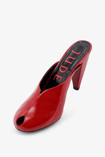 Jude women’s red patent leather mule sandals with peep-toe design and black insole featuring Jude branding