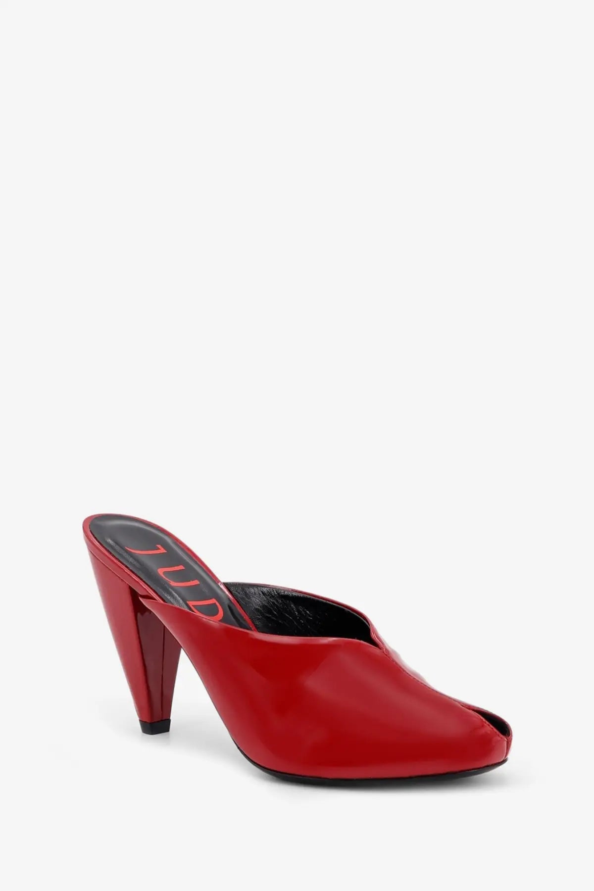 Red patent leather Jude women’s Paw mule sandal with a sleek glossy finish and black Jud branded insole