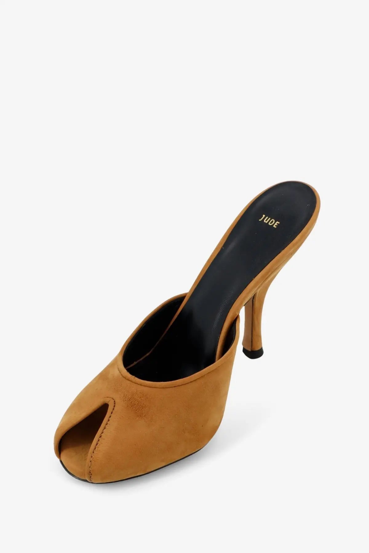 Jude women’s beige suede date mule sandals with tan suede heel and black insole embossed with Jude brand name