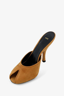Jude women’s beige suede date mule sandals with tan suede heel and black insole embossed with Jude brand name