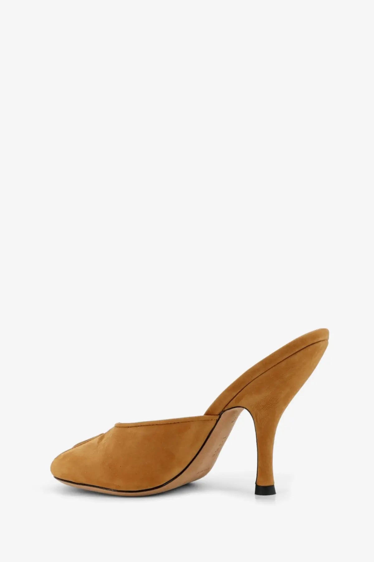 Jude women’s beige suede date mule sandals with tan pointed toe and black sole