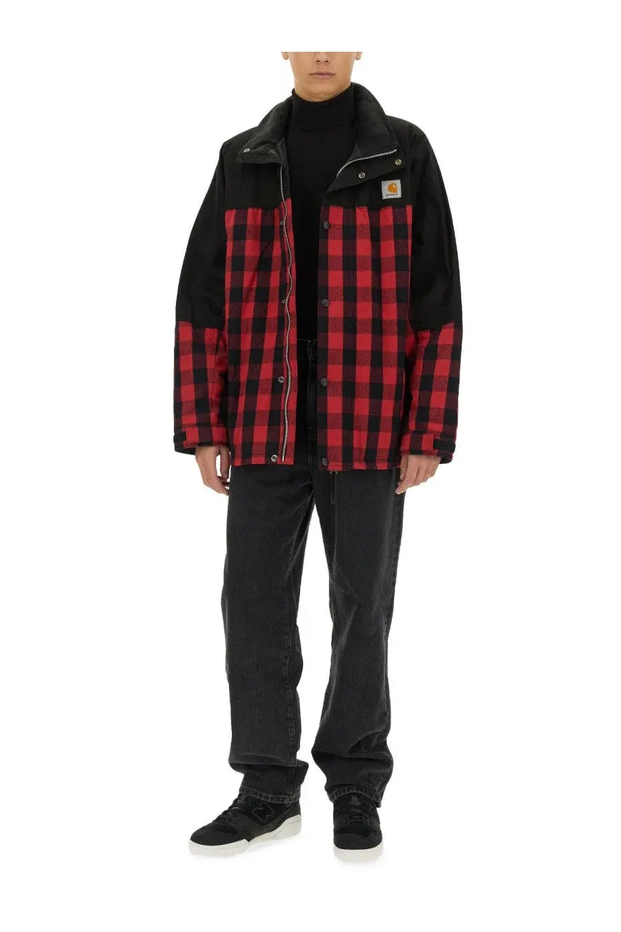 Men’s junya watanabe man carhartt jacket black with black and red plaid pattern and black collar cuffs and shoulders