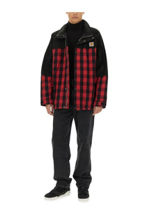 Men’s junya watanabe man carhartt jacket black with black and red plaid pattern and black collar cuffs and shoulders