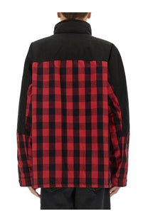 Red and black plaid Junya Watanabe Man Carhartt jacket with contrasting black hood and sleeve panels for men